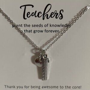 Cute Silver Teacher Apple w/Ruler Carded Necklace